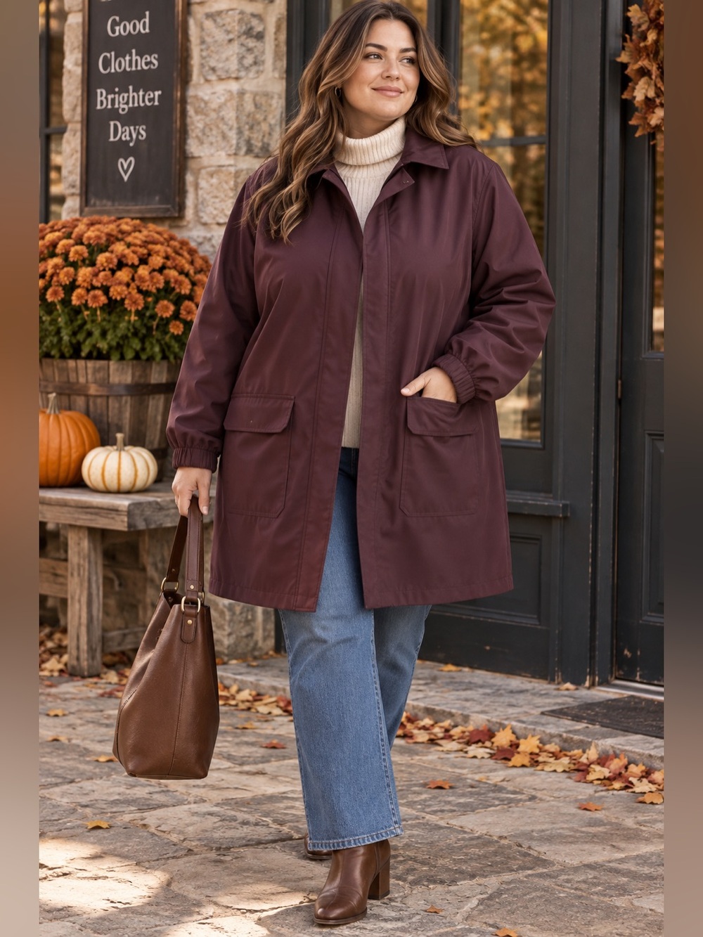 L.L.Bean Womens Plus Burgundy Chore Barn Coat Removable Wool Blend Liner 1X/2X